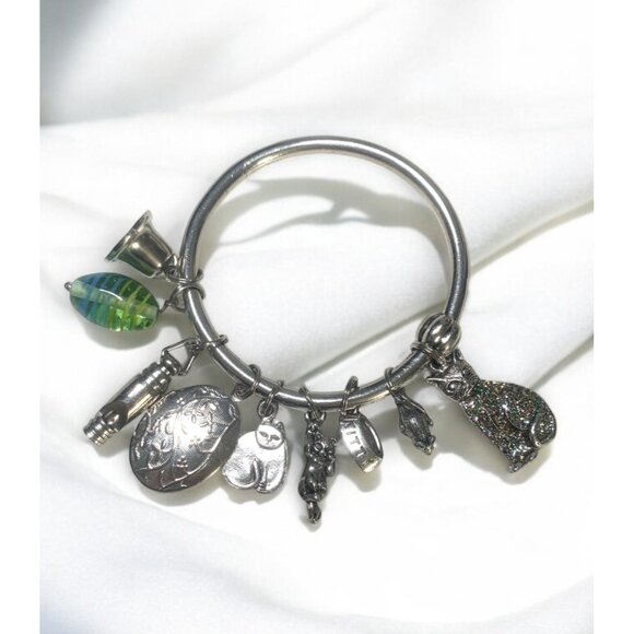 Vintage Silver Cat Charm Bracelet With Hinged Oval Locket Green Glass Bead - Picture 1 of 6